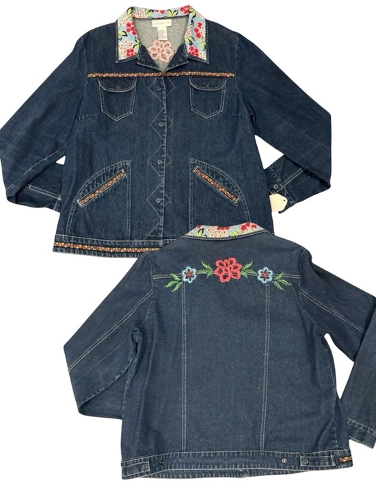 Custom Jackets & Blazers - Trucker style jacket by Susan Graver Upcycled Floral Collar, Embroidered Trim